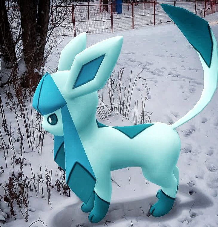 Cute light blue ice fox creature, a glaceon, an ice pokemon.