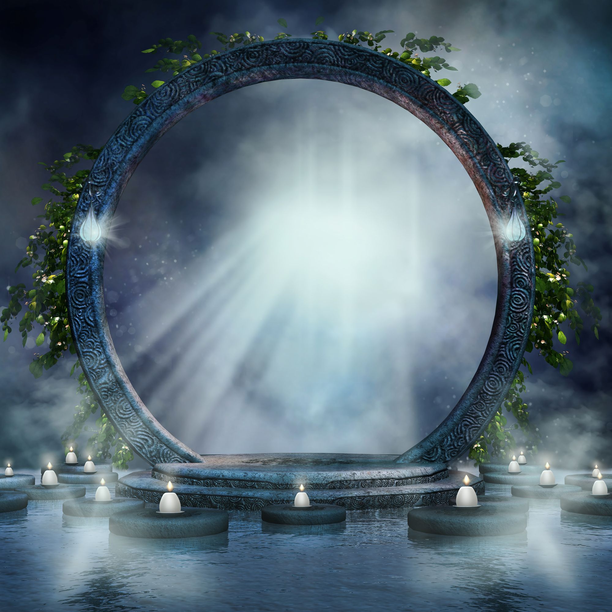 A circular portal with light shining out of a dark, cloudy mist inside. The portal rests on a circular platform that floats on a black lake. The lake has many black circular pads floating on the water with a lit candle on each of the pads. Leaves wreath the rims of the portal.