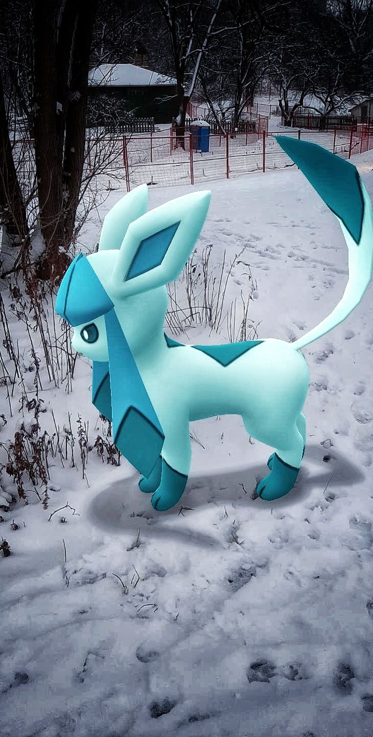 The ice-type fox-like pokemon, Glaceon, standing on the snow facing the left side. Some trees, a fence, and a house are in the background.