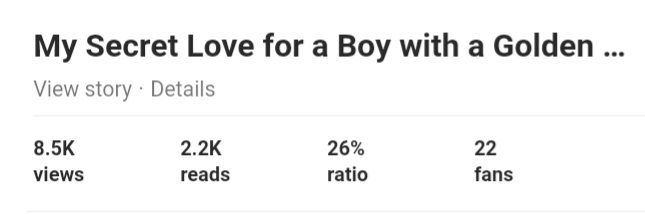 Screenshot on author's Medium story stats page. The title is "My Secret Love for a Boy with a Golden Retriever". The stats are 8.5 K views, 2.2 K reads, 26% ratio, and 22 fans.