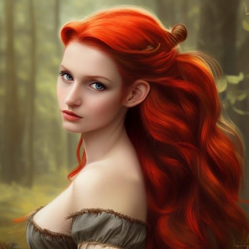 A gorgeous image of an elf woman with long, flowing red hair, and green eyes. She's in a forest and has a radiant look about her.