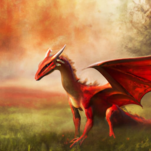 Pretty red dragon with wings stretched wide, in nature scenery with water. The whole picture looks like a painting, almost like a watercolor.