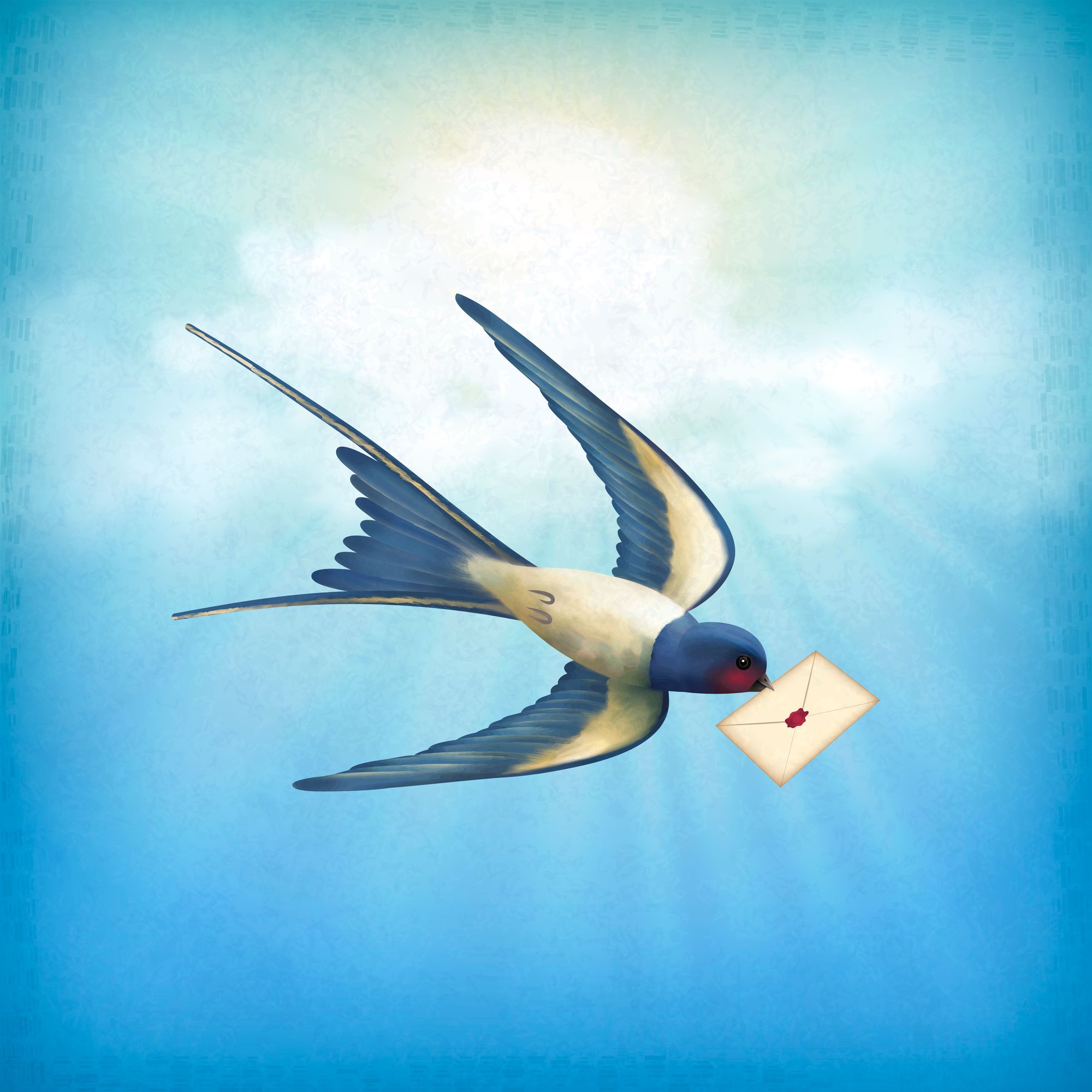 A cute blue and white bird carries a letter in its beak as it flies across a blue background