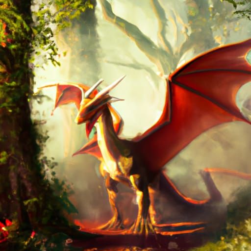 A reddish-orange dragon in the forest. Something is jutting out from its chin, kind of looking like the lower jaw but not quite.