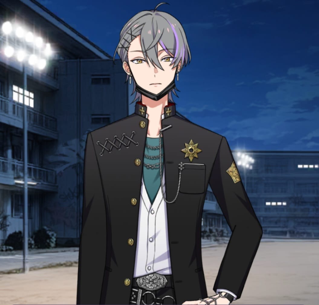 Cute anime boy with grey hair and a devil-may-care facial expression