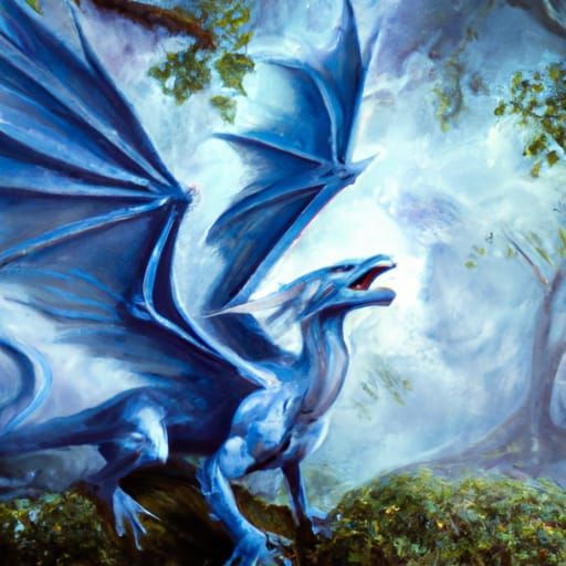 A gorgeous blue dragon, wings outstretched, jaws open in a passionate cry.