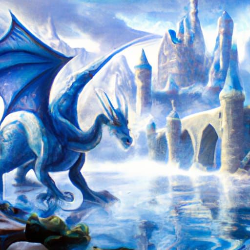 Blue dragon near a castle submerged in water. A blue and white, surreal scene.