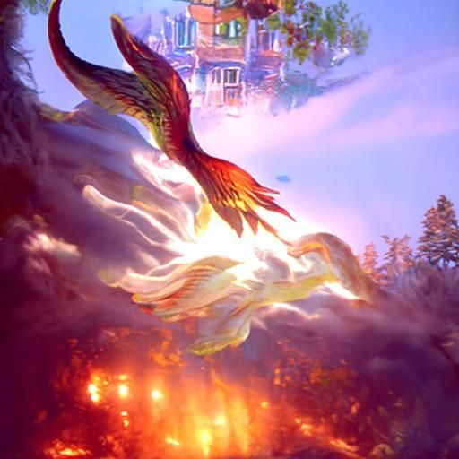 A radiant fantasy image with clouds, heavenly light, phoenix wings, trees, and a house in the sky.