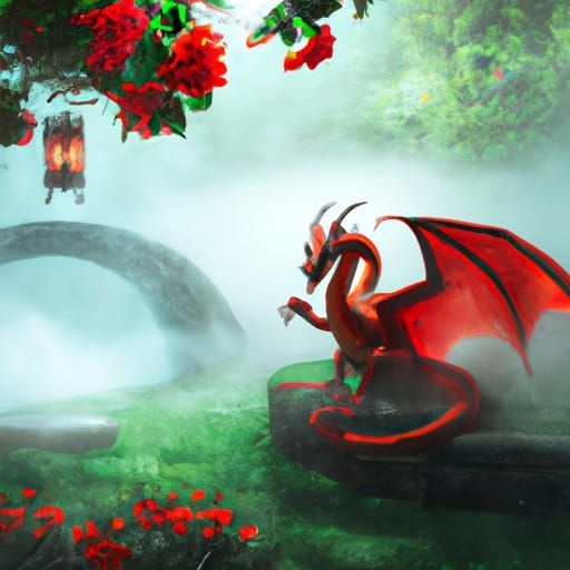 A young, beautiful red dragon sitting in an elegant garden.