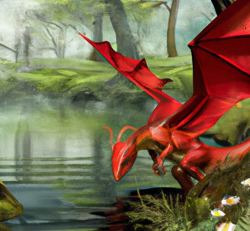 A pretty red dragon, wings outspread, bending down to look at water