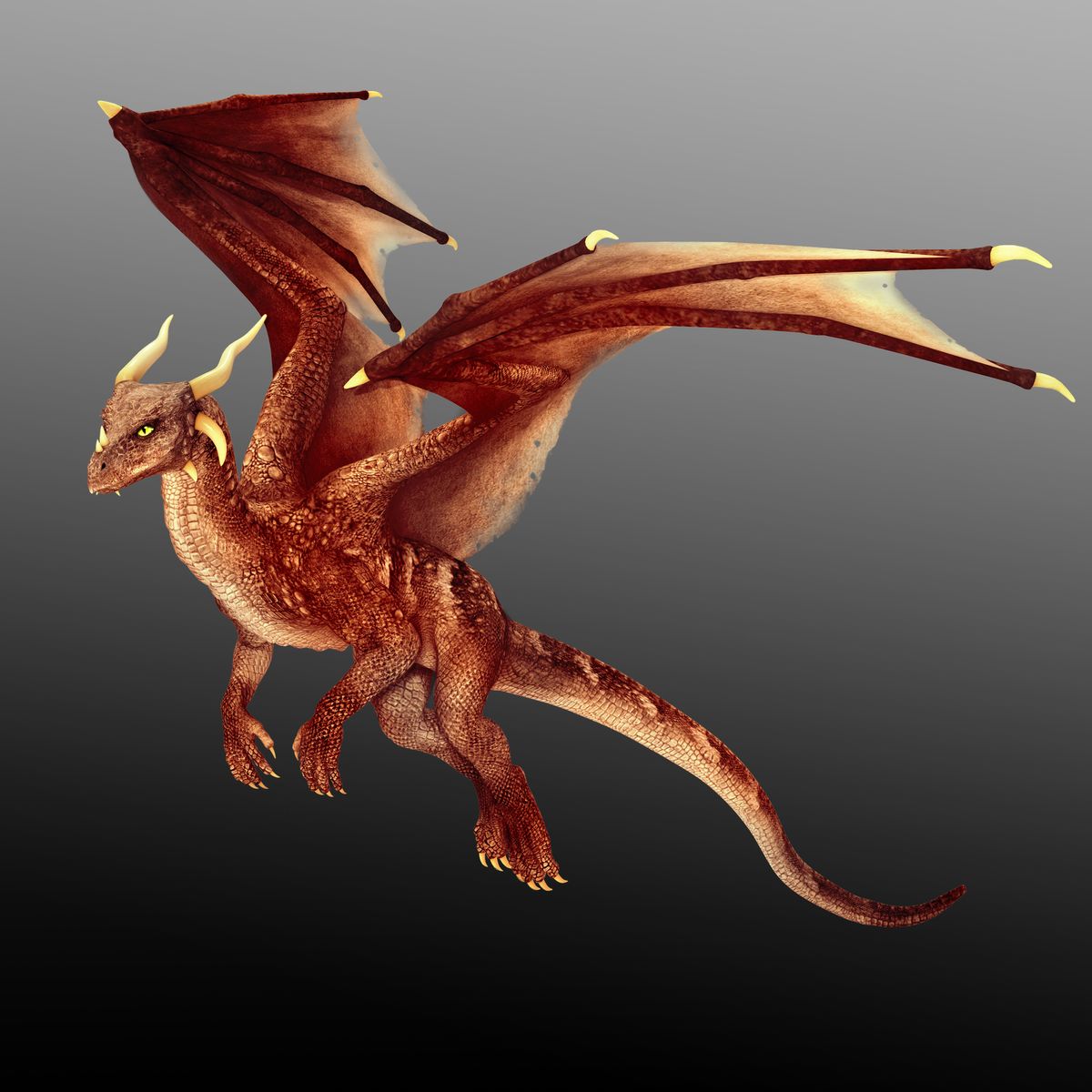 3D illustration of a flying red dragon