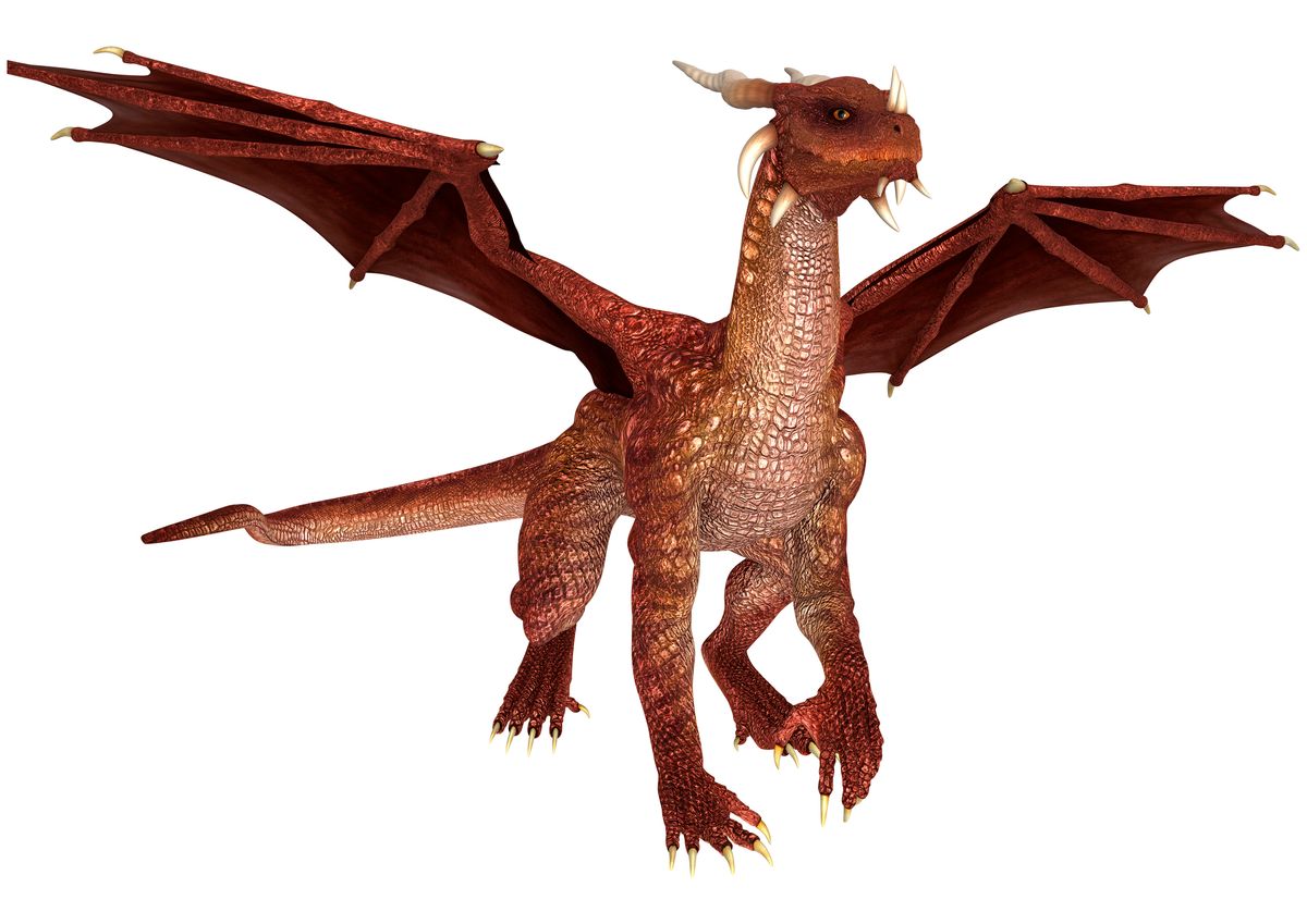 A 3D digital illustration of a red dragon 