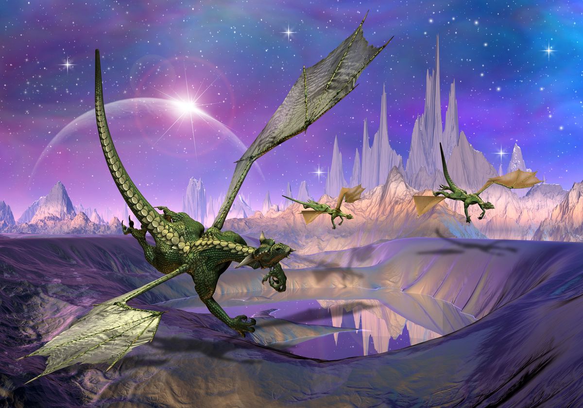 A fantasy illustration of three dragons soaring. The sky is dynamic and the terrain is magical.