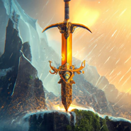 Golden reddish magic sword in rain, dramatic background