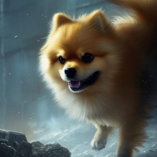 A fluffy golden Pomeranian, staring out at some hellscape.