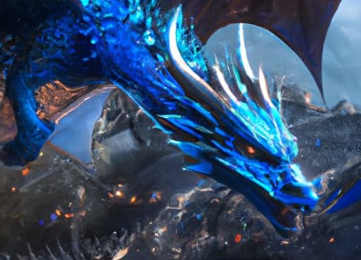 A fierce blue dragon soars through the night