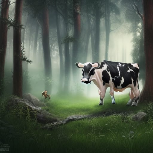 A black and white milk cow lingers in a dark forest.