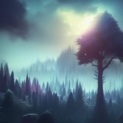 A fantasy forest with a glowing night sky.