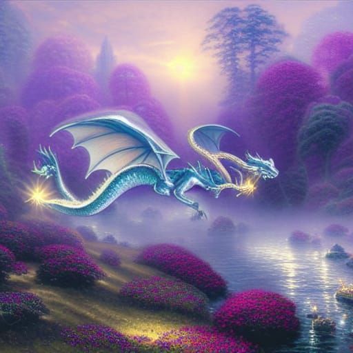 Two beautiful and elegant teal dragons, flying side by side over sparkling water.