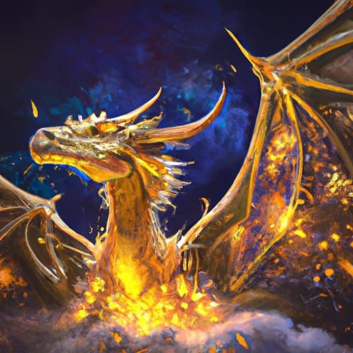 A sparkling gold dragon looking skyward, with wings outspread.