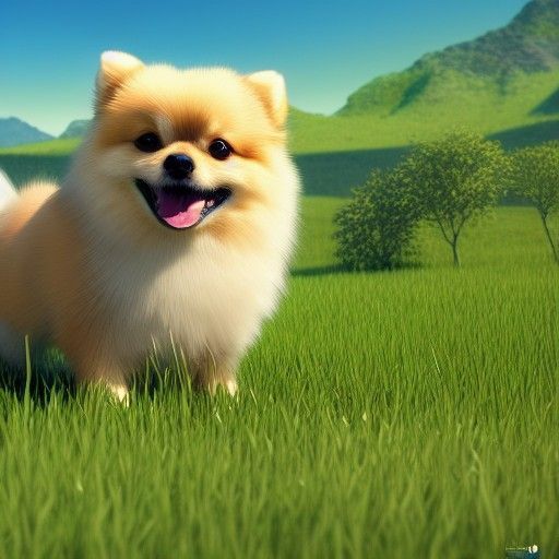 Cute Pomeranian happy and laughing in the sun on grass