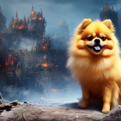 A cute golden Pomeranian dog standing in a post-apocalyptic world.