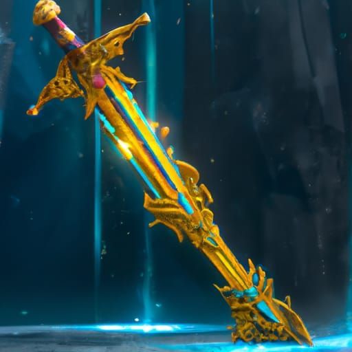 A golden sword with blue streaks on it. Looks magical.