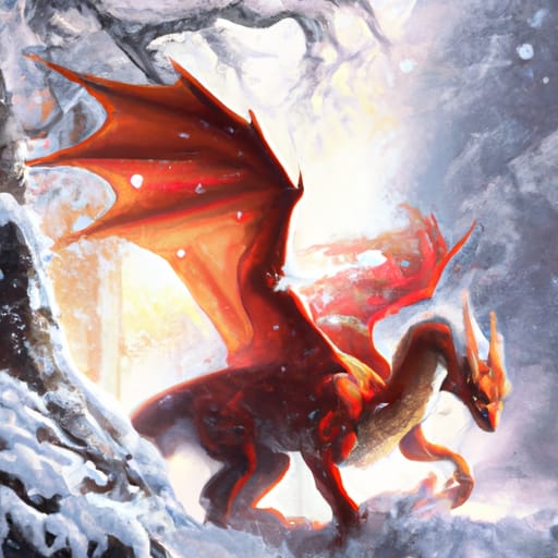 Angry red dragon shuffles around in the snow.