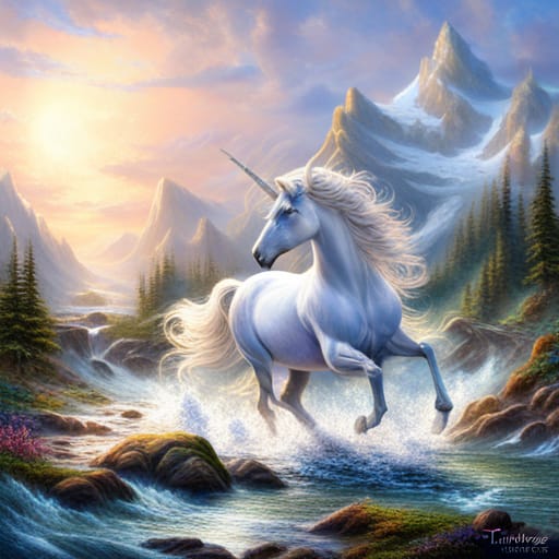A gorgeous, pearly-white unicorn, leaping through a glacier, with radiant light bathing the whole scene.