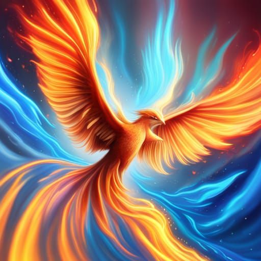 A radiant golden phoenix with wings outstretched and blue fire bursting from behind.