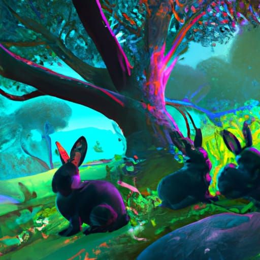Three rabbits under a tree.  Bold and vivid green and brown colors in the image.