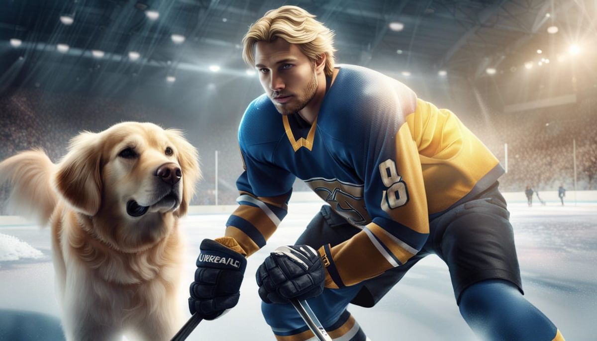 A blond ice hockey player and his golden retriever