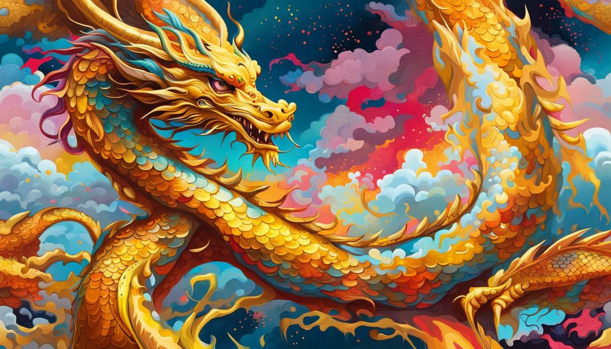 A cool golden dragon with colorful smoky sky patterns