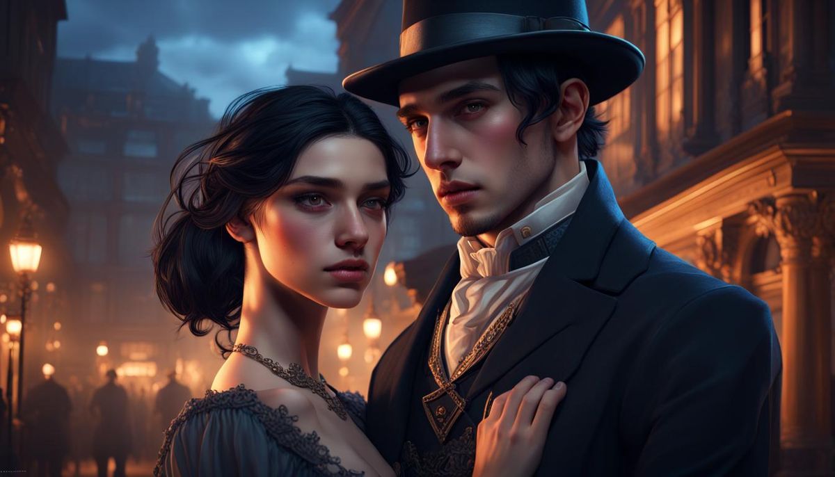 A handsome couple in Victorian attire.  Both have black hair.  The man has a fedora and the woman has an updo hairstyle.