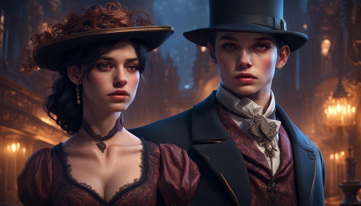 A gorgeous couple in the Victorian era, standing outside in the streets at night.  