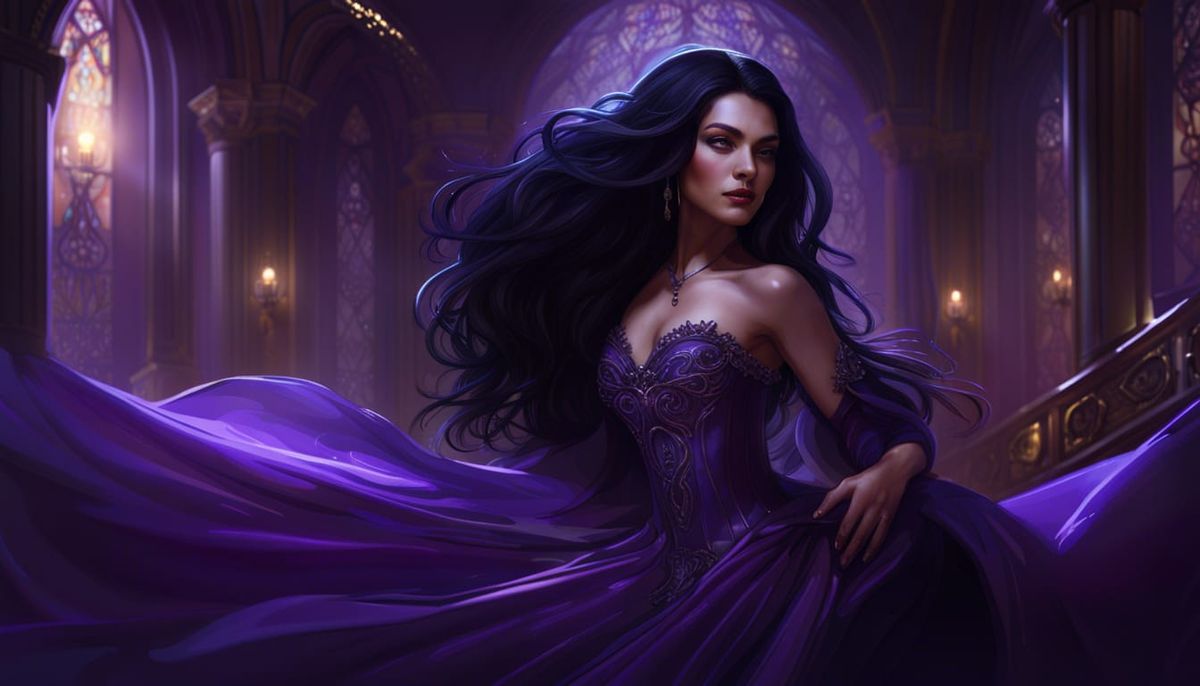 A gorgeous woman with long, flowing black hair in a purple ballgown.