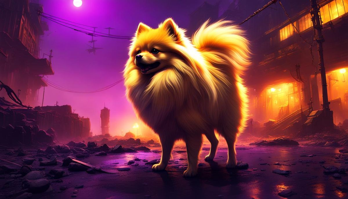 Cute fluffy golden pomeranian, standing in a post-apocalyptic world.