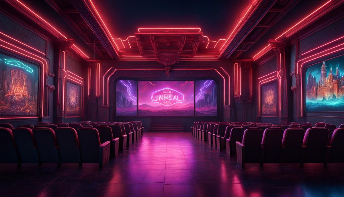 The interior of a movie theater with mysterious neon lights.