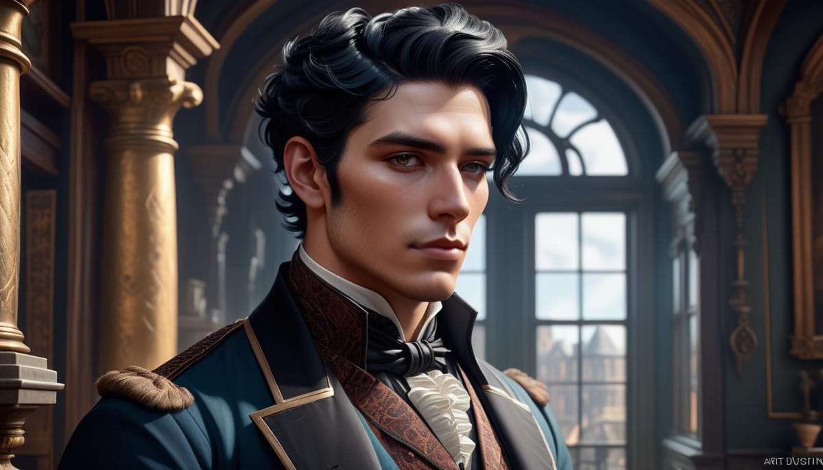 Handsome young man with black hair in Victorian garb.