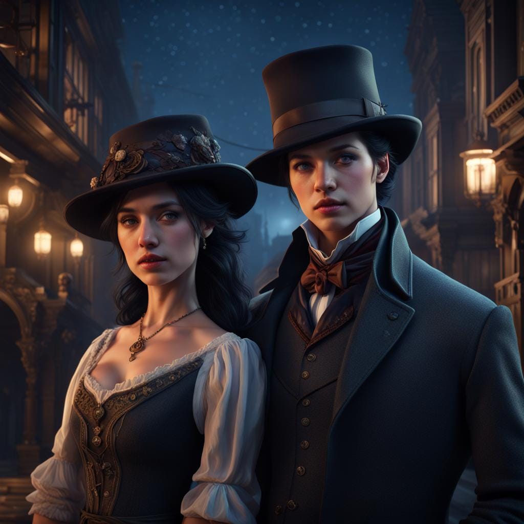 A handsome Victorian couple at night