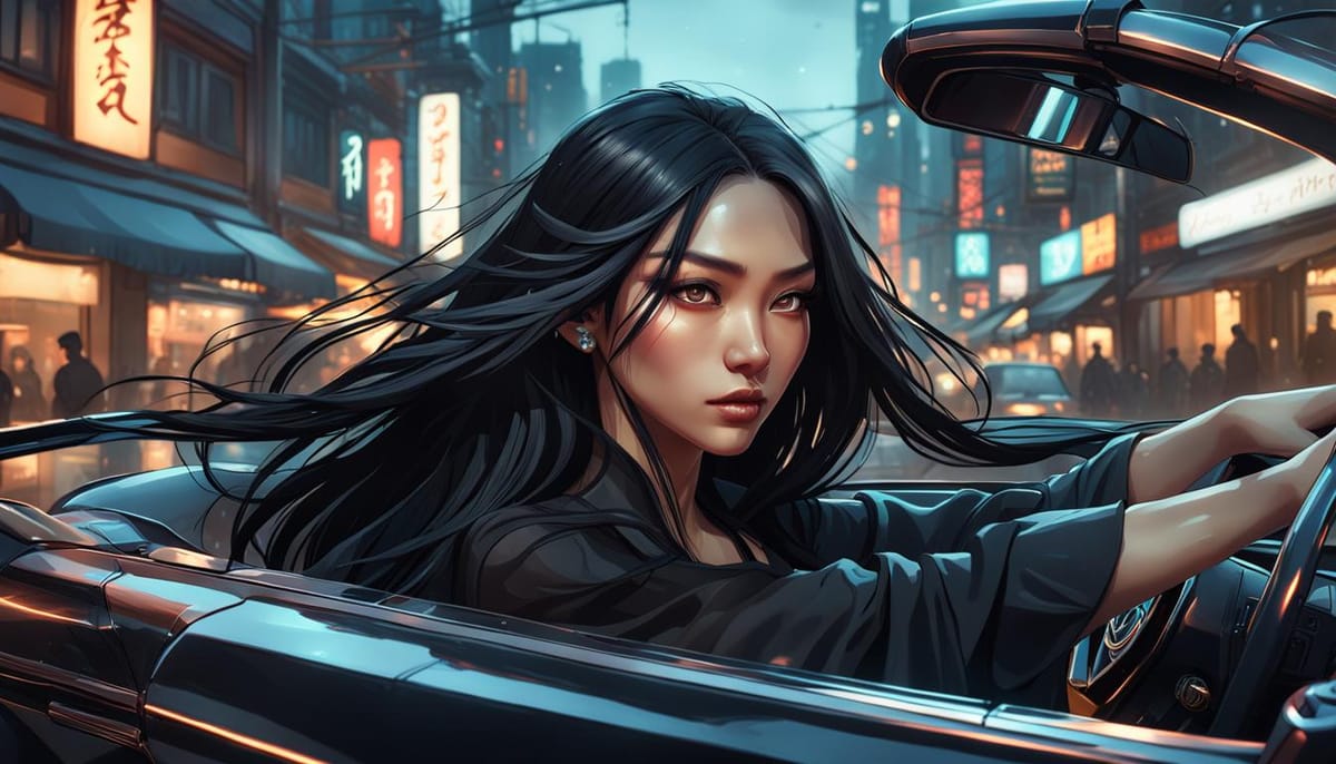 A gorgeous Asian woman with long black hair driving a car