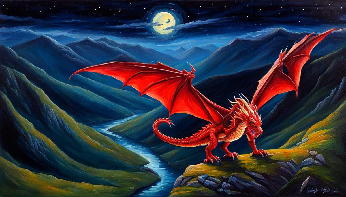 A pretty red dragon in a valley at night