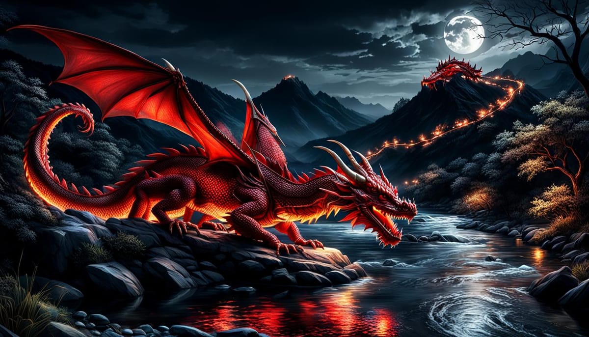 A gorgeous red dragon leaning over a river at night.  Flames are everywhere.