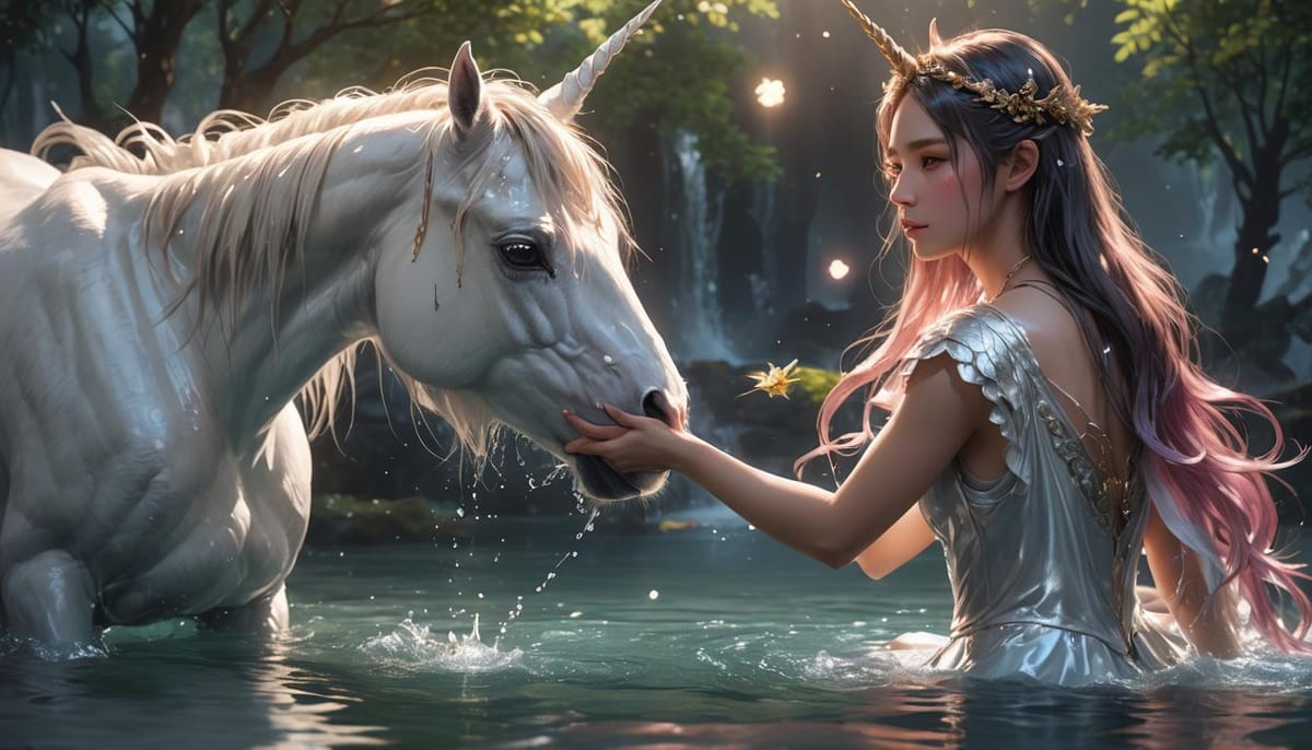 A unicorn and a girl standing in a pool of water.  This is a sad and touching scene.