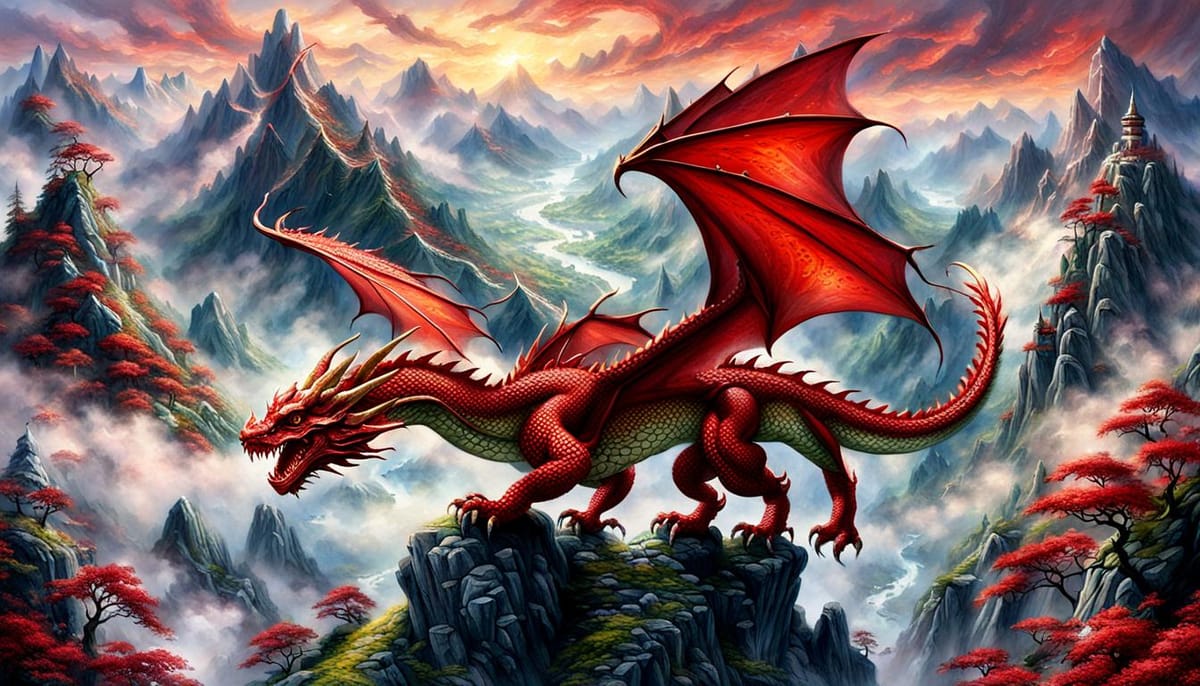 Majestic red dragon against a mystical mountain background.