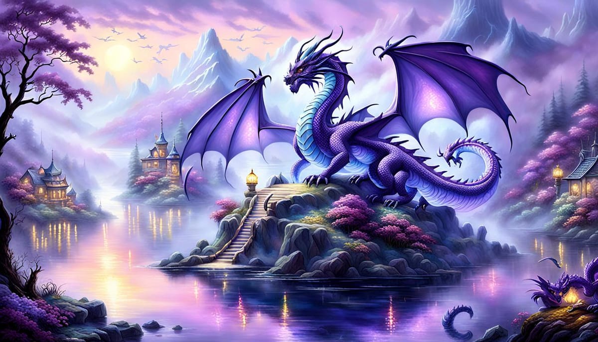 A pretty purple dragon sitting on a mini island on a lake.