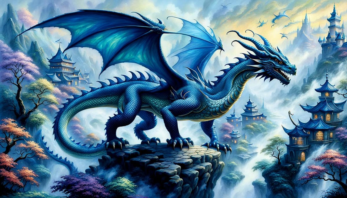 A beautiful blue dragon with wings outspread, roaring with a misty background.