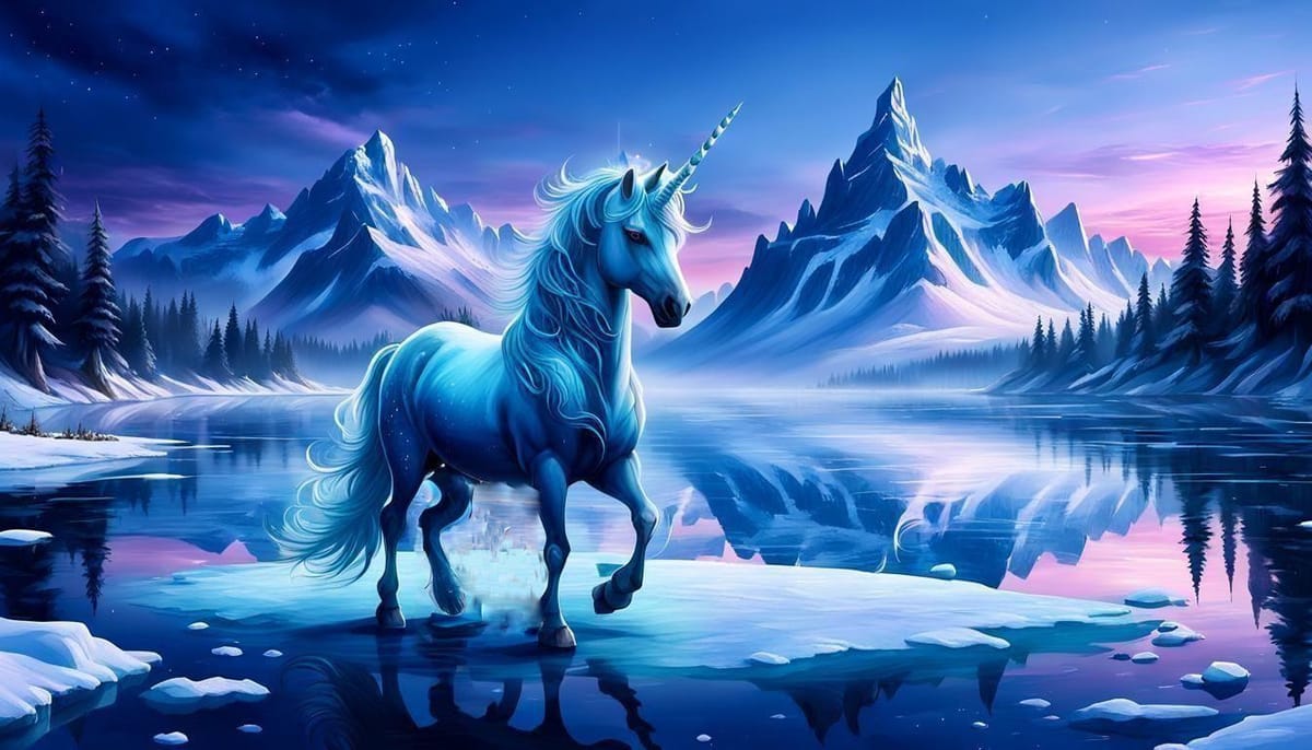 A gorgeous blue ice unicorn prancing on the lake.