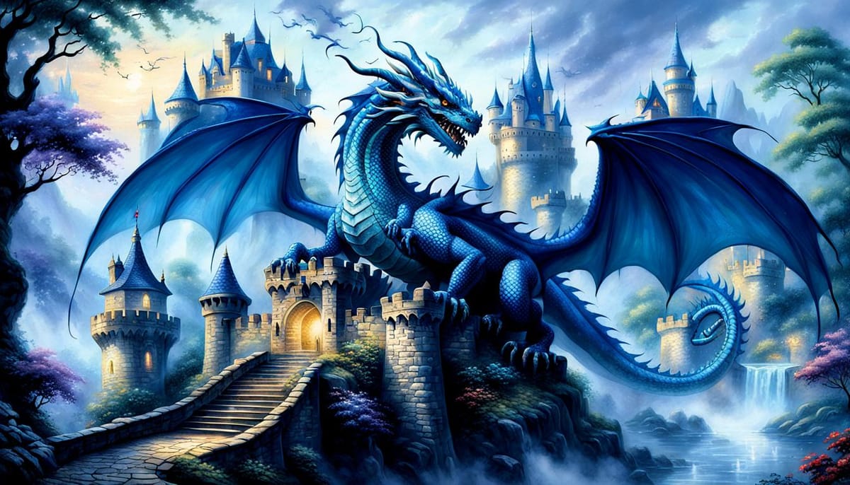 A gorgeous blue dragon towering over a castle.