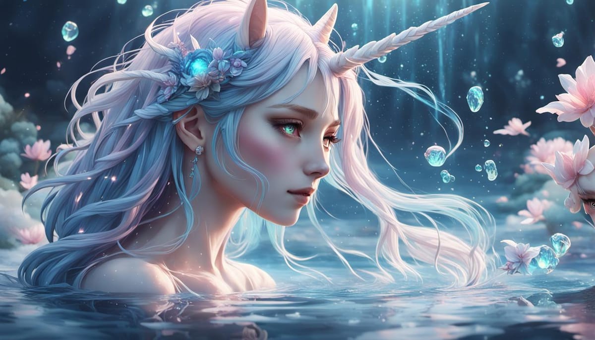 A beautiful lady with flowing white hair and a unicorn horn and ears.  She floats in clear water, looking like a faerie.